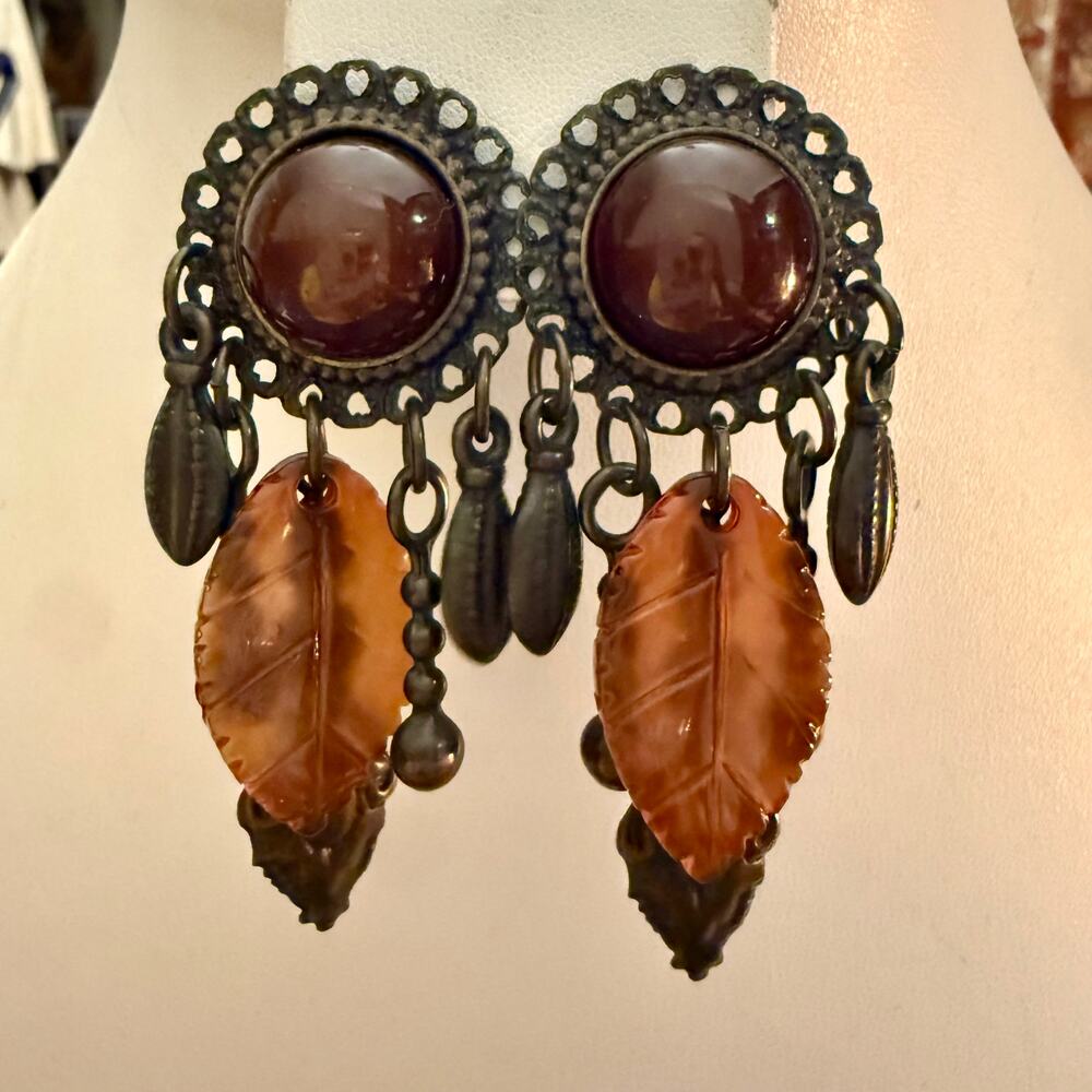 Vintage 00's Boho Bronze Tone Pierced Dangly Earrings